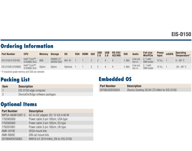 研華EIS-D150 研華EIS-D150，邊緣計算系統(tǒng)，支持Intel 第六代處理器，可選i3/i5/i7 CPU，最高支持 16 GB內(nèi)存，具備豐富擴展接口 2 x LAN，4 x COM，6 x USB等，同時還可以擴展 iDoor 和 ARK-Plus 模組增加更多的擴展能力，可以根據(jù)現(xiàn)場應用需求，靈活定制。
