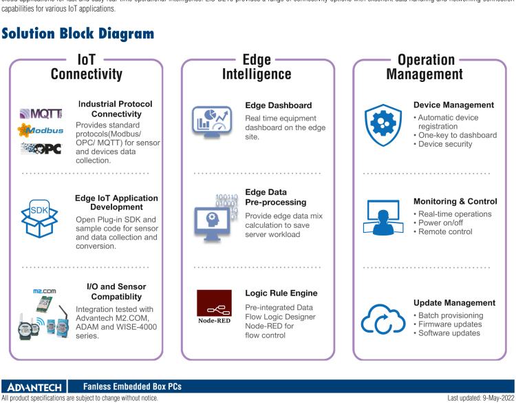 研華EIS-D210 研華EIS-D210，邊緣計(jì)算系統(tǒng)網(wǎng)關(guān)，Intel Celeron N3350 Dual Core SoC，最高支持 8 GB內(nèi)存，低功耗邊緣智能設(shè)備，具備豐富擴(kuò)展接口 2 x LAN，2 x COM，4 x USB，1 x VGA等，搭配 Wifi 或 4G 模塊，可以實(shí)現(xiàn)無線數(shù)據(jù)傳輸，體積非常小