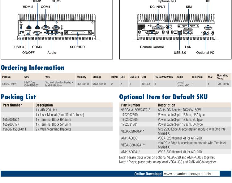 研華AIR-200 基于Intel Core i5-6442EQ處理器，AI計算平臺，內(nèi)置Myriad X VPU * 2