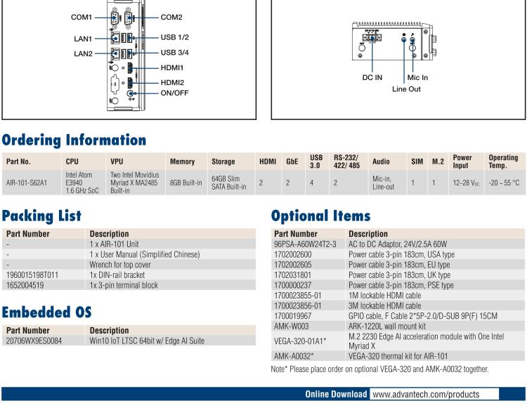 研華AIR-101 基于Intel Atom E3940處理器，AI計(jì)算平臺，內(nèi)置Myriad X VPU * 2