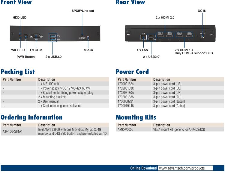 研華AIR-100 基于Intel Atom E3950處理器，AI計(jì)算平臺(tái)，內(nèi)置Myriad X VPU * 1