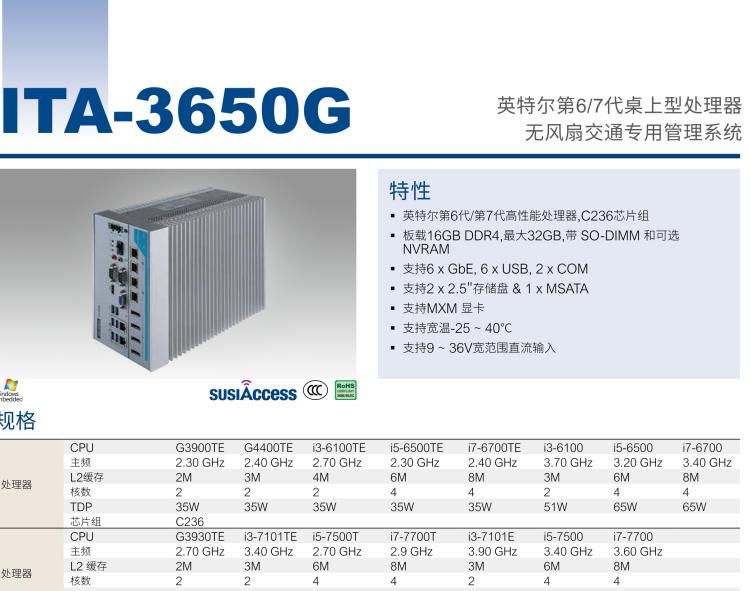 研華ITA-3650G 英特爾第六代和第七代臺式機(jī)無風(fēng)扇系統(tǒng)，具有GPU模組，用于交通行業(yè)
