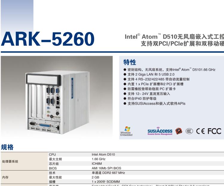 研華ARK-5260 Intel?Atom?D510無風扇嵌入式工控機，支持雙PCI/PCIe擴展和雙移動硬盤