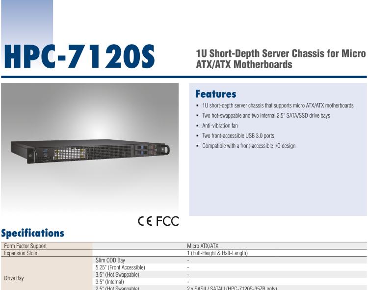 研華HPC-7120S 1U 上架式服務器短機箱，適用Micro ATX/ATX 服務器主板，支持1*全高/半長PCIe x16擴展插槽