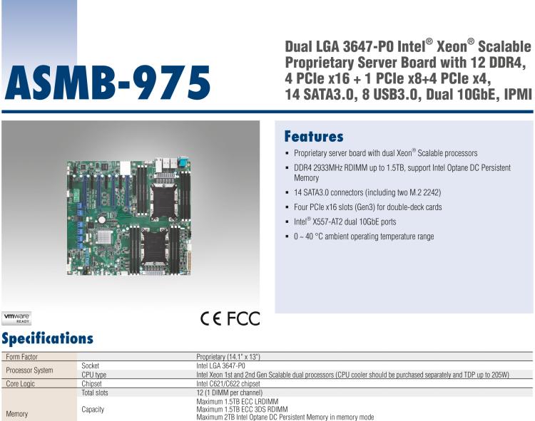 研華ASMB-975 雙路LGA3647-P0 Intel? Xeon? Scalable 服務(wù)器主板，帶12個(gè) DDR4, 4個(gè) PCIe x16 + 1個(gè) PCIe x8 + 4 個(gè)PCIx4, 14 個(gè) SATA3, 8 個(gè)USB3.0, Dual 10GbE, IPMI