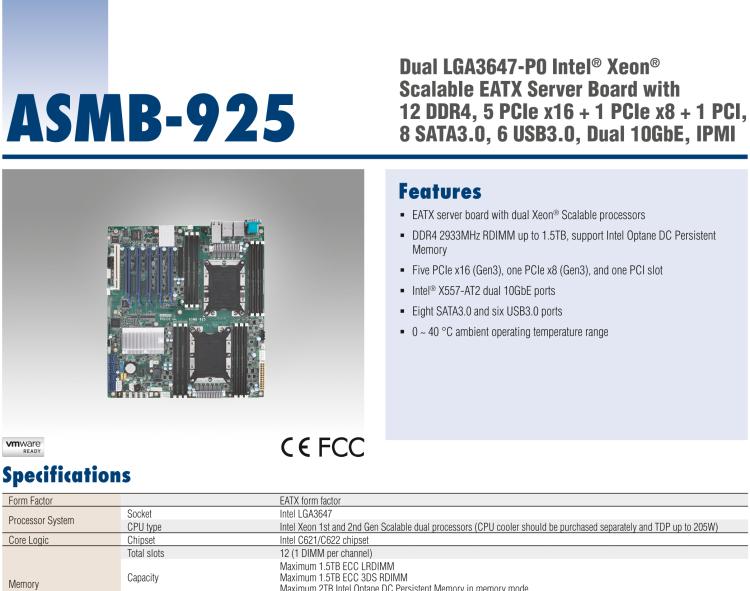 研華ASMB-925 雙路 LGA3647-P0 Intel? Xeon? Scalable EATX 服務(wù)器主板，帶12個 DDR4，5個 PCIe x16 + 1個 PCIe x8 + 1 個PCI, 8個 SATA3, 6 個USB3.0, Dual 10GbE, IPMI