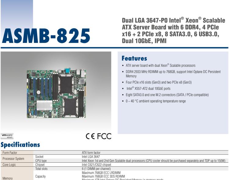 研華ASMB-825 雙路LGA 3647-P0 Intel? Xeon? Scalable ATX 服務器主板，帶6 個DDR4, 4 PCIe x16 和 2 個 PCIe x8, 8 個SATA3, 6 個USB3.0, Dual 10GbE, IPMI