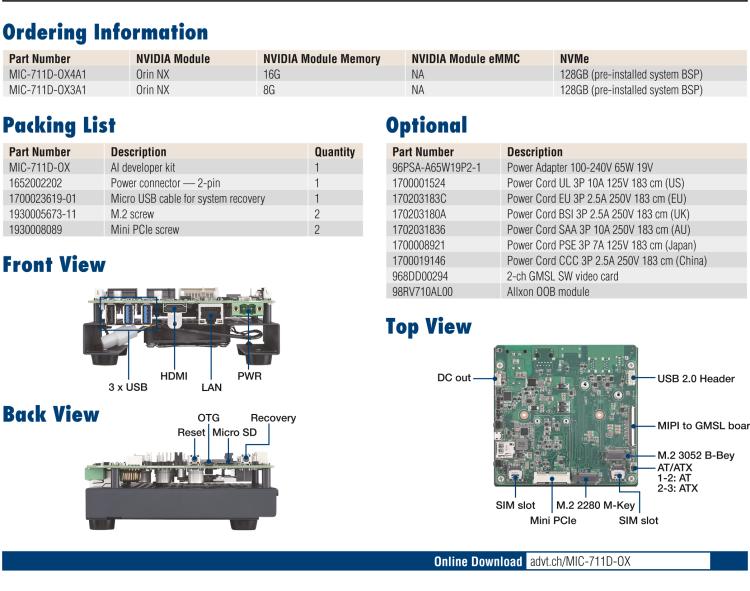 研華MIC-711D-OX MIC-711D-OX 是一款基于英偉達(dá)Jetson Orin NX 的 AI 開發(fā)套件，含有多個(gè) I/O 接口，使客戶可以靈活開發(fā)新項(xiàng)目。