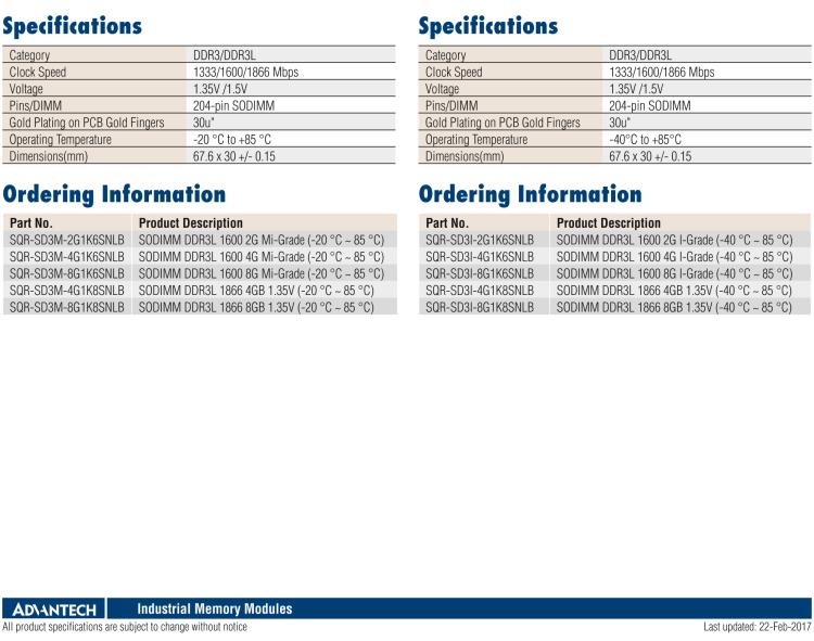 研華SQR-SD3I SODIMM DDR3L 1333/1600/1866，帶溫度傳感器 (-40~85°C)