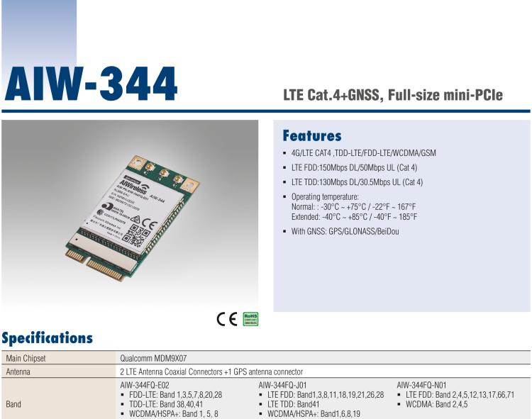 研華AIW-344 4G LTE CAT4：TDD LTE/FDD LTE/WCDMA/GSM和GPS。