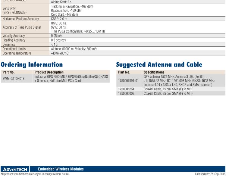 研華EWM-G110 Multi-GNSS (GPS、GLONASS、BeiDou、Galileo、QZSS 和 SBAS) +G-sensor 半尺寸 Mini PCIe 卡