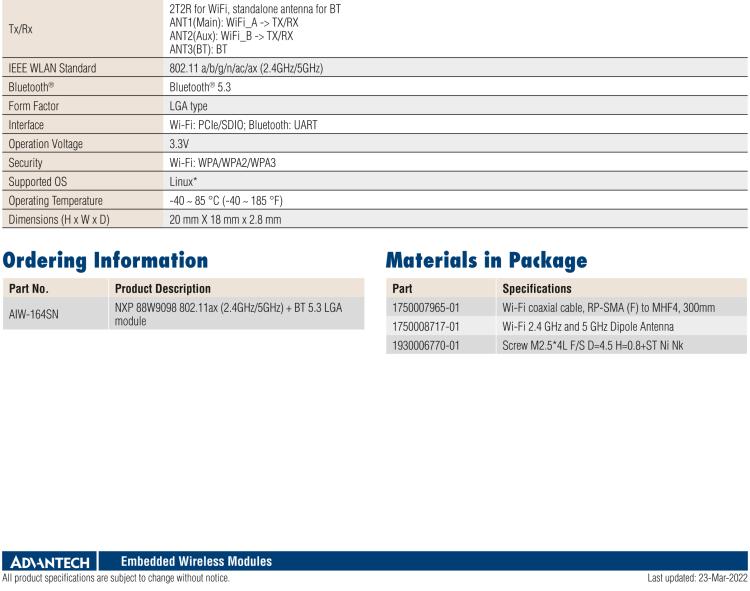 研華AIW-164 IEEE 802.11ax（2.4GHz+5GHz）+ 藍(lán)牙5.3，LGA型