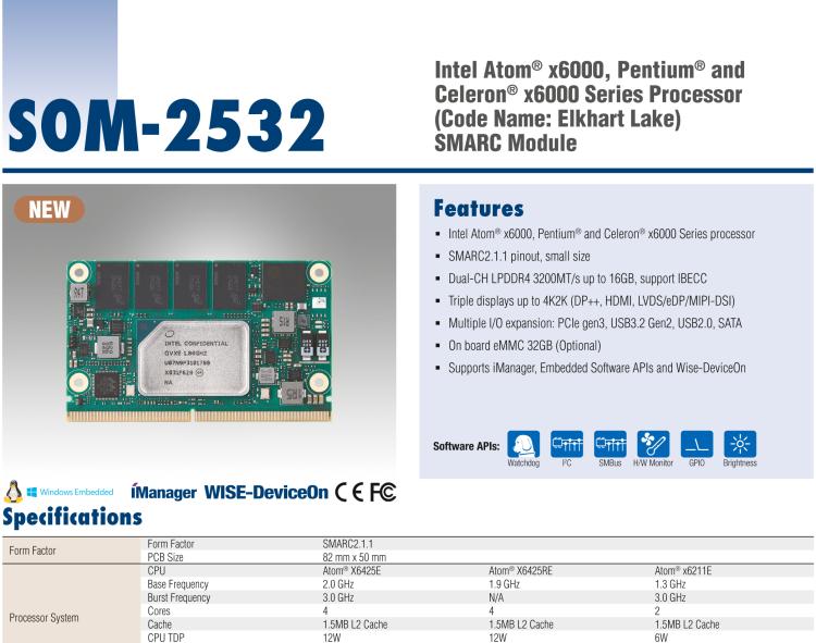 研華SOM-2532 Intel? Pentium?/Celeron? and Atom? x6000 系列處理器