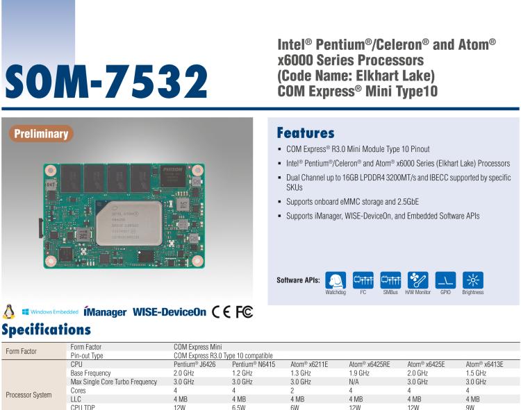 研華SOM-7532 Intel Pentium/Celeron 和 Atom x6000 系列 (Elkhart Lake) 處理器， COM Express Mini Type 10 模塊