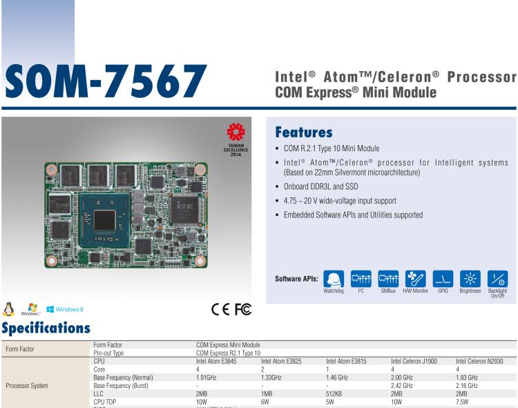 研華SOM-7567 Intel? Atom?/Celeron? 處理器，COM-Express Mini 模塊
