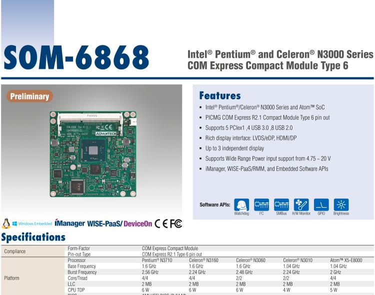 研華SOM-6868 Intel? Pentium?/Celeron? N3000 系列和 Atom ? SoC，COM Express Express Type 6 模塊