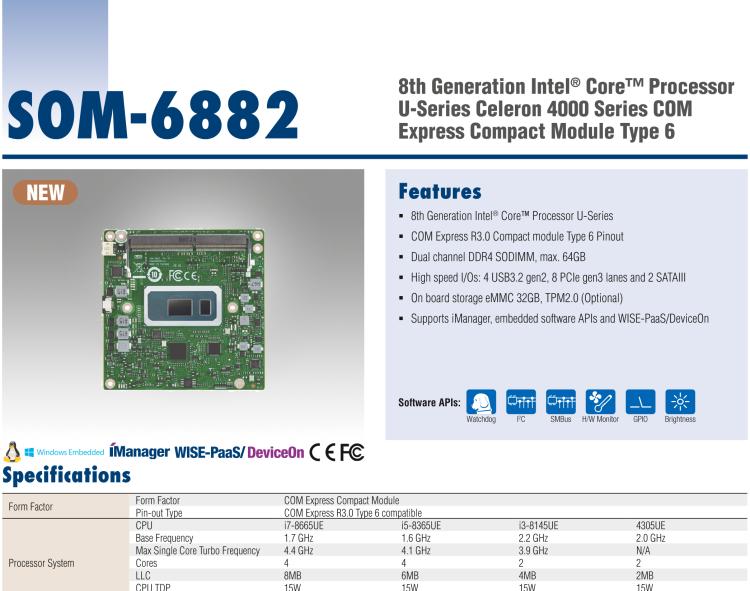 研華SOM-6882 第八代 Intel?Core 處理器，COM Express Compact R3.0 Type 6 模塊