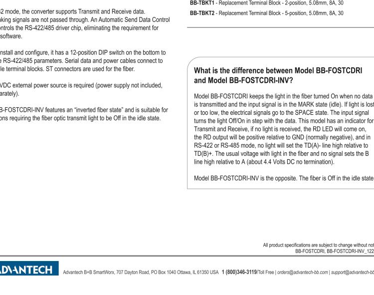 研華BB-FOSTCDRI-INV 串口轉(zhuǎn)換器，RS-232/422/485 TB至MM光纖ST（反向），工業(yè)DIN，C1D2