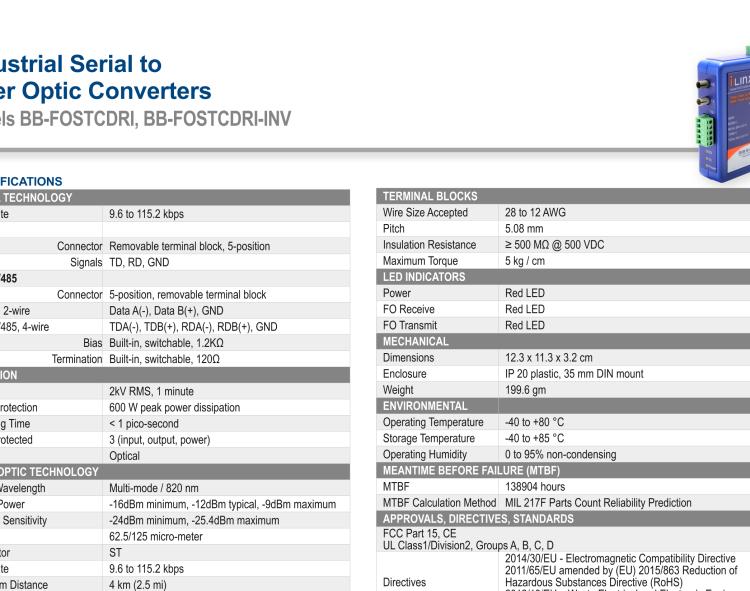 研華BB-FOSTCDRI-INV 串口轉(zhuǎn)換器，RS-232/422/485 TB至MM光纖ST（反向），工業(yè)DIN，C1D2