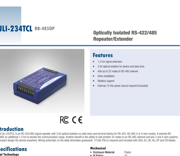 研華BB-485OPDRI-PH ULI-234TE RS-485/422 三層（重型）隔離中繼器，DIN 導(dǎo)軌