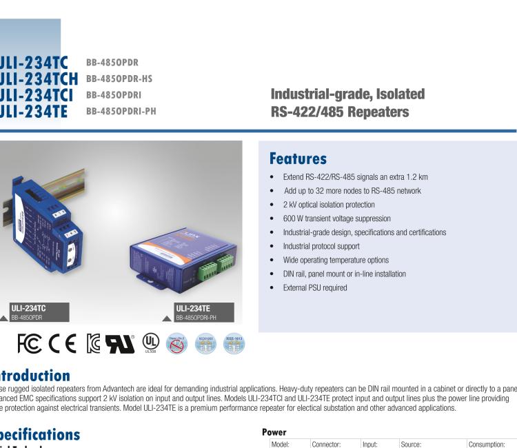 研華BB-485OPDRI-PH ULI-234TE RS-485/422 三層（重型）隔離中繼器，DIN 導(dǎo)軌