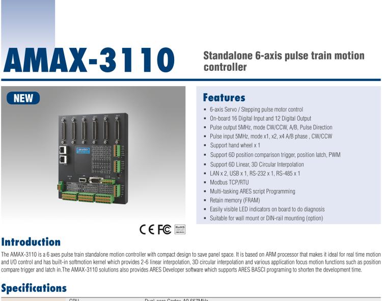 研華AMAX-3110 AMAX-3110是一個(gè)6軸脈沖序列獨(dú)立式運(yùn)動(dòng)控制器，一體化精巧的設(shè)計(jì)，節(jié)省空間