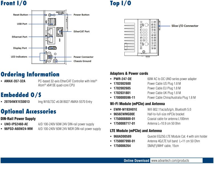 研華AMAX-357 超微型EtherCAT運(yùn)動控制器，基于PC架構(gòu)開發(fā)，配置了Intel Atom處理器，具有64GB eMMC、2 x LAN、2 x USB和Slice IO擴(kuò)展