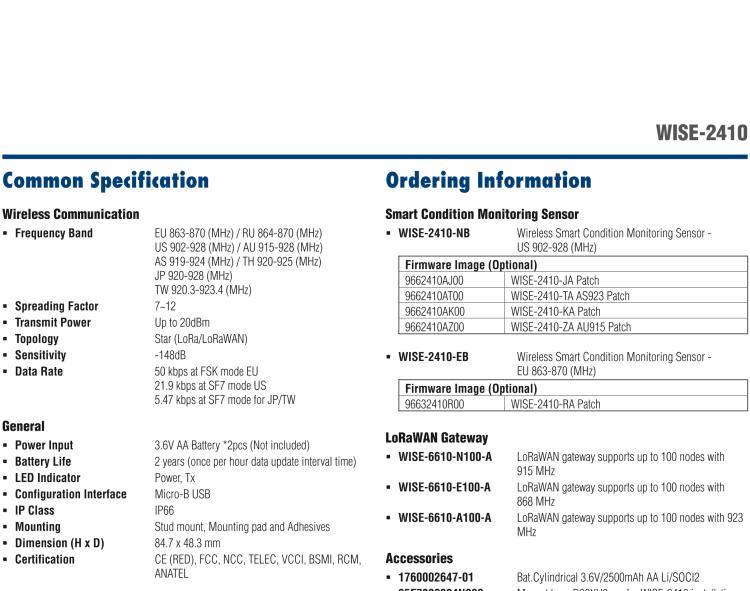 研華WISE-2410 WISE-2410是LoRaWA N無(wú)線振動(dòng)溫度監(jiān)控傳感器，電池使用周期為2年。