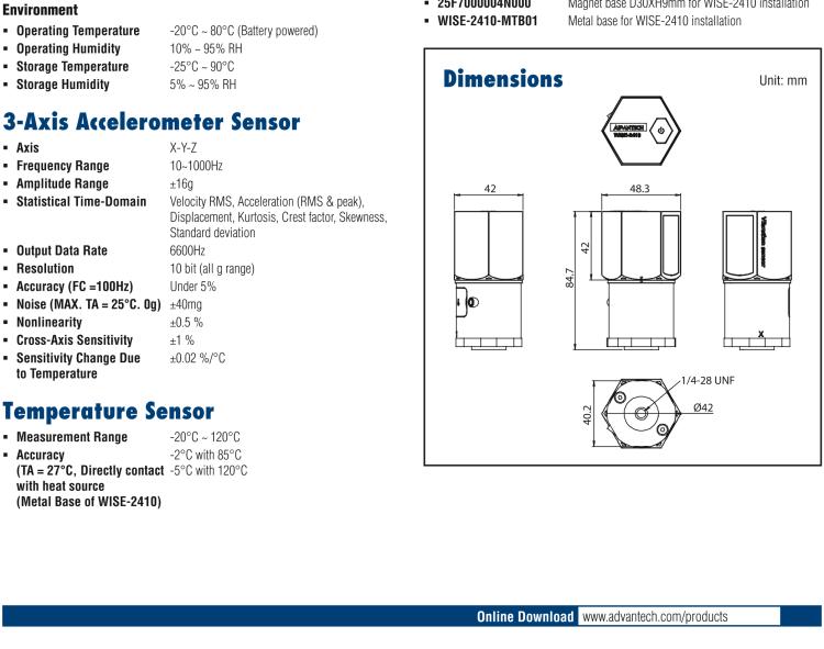 研華WISE-2410 WISE-2410是LoRaWA N無(wú)線振動(dòng)溫度監(jiān)控傳感器，電池使用周期為2年。