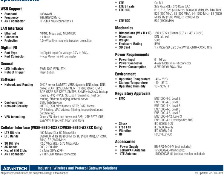 研華WISE-6610-N500 LoRaWAN網關支持多達500個節(jié)點，915MHz