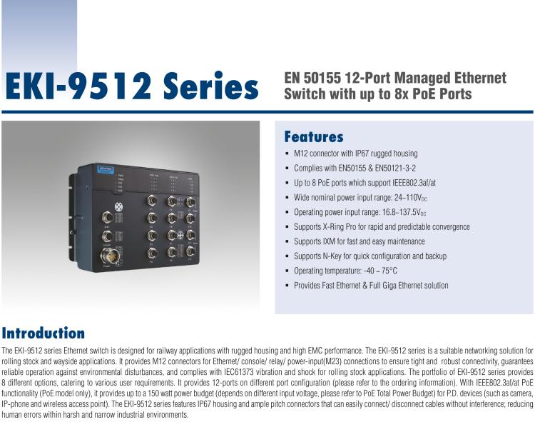 研華EKI-9512G-4GMW EN50155 Managed Ethernet Switch with 12GE(4bypass), 24-110VDC