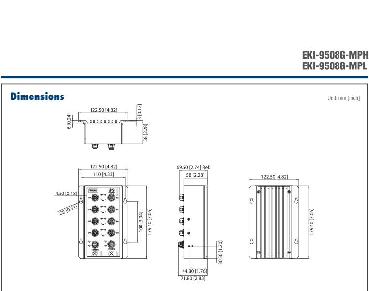 研華EKI-9508G-MPH 8個(gè)千兆M12 POE端口非網(wǎng)管EN50155交換機(jī)， 支持72/96/110 VDC供電