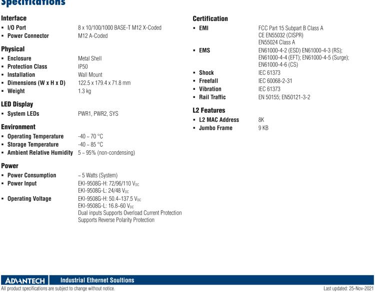 研華EKI-9508G-L 8個千兆M12端口非網(wǎng)管EN50155交換機，支持24/48 VDC供電