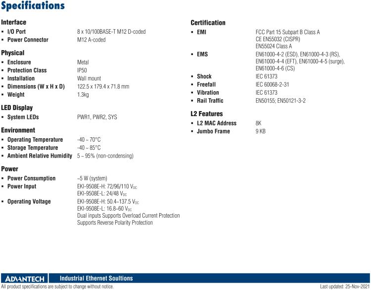 研華EKI-9508E-H EN50155 Unmanaged Ethernet Switch with 8FE, 72-110 VDC