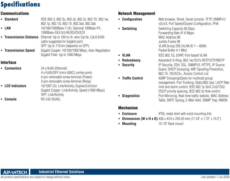 研華EKI-7428G-4CPI 24GE+4G Combo網(wǎng)管型PoE工業(yè)以太網(wǎng)交換機，IEEE802.3af/at，19”機架式安裝，-40~75℃，46~57VDC