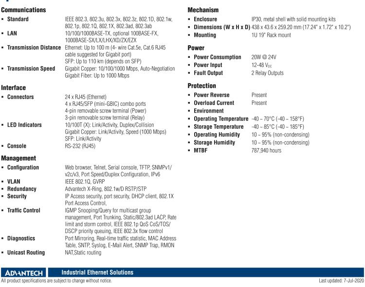 研華EKI-9628G-4CI 24GE+4G Combo端口 機(jī)架式三層工業(yè)以太網(wǎng)交換機(jī)，-40～75℃