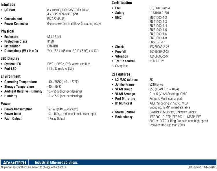 研華EKI-9612G-4FI 8GE+4G SFP 三層網(wǎng)管型以太網(wǎng)交換機，-40～75℃