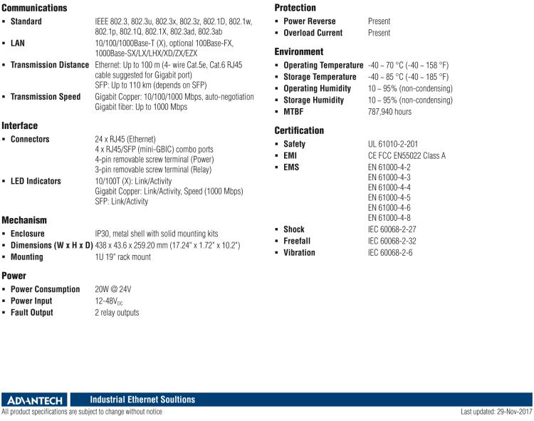 研華EKI-2428G-4CI 24GE+4G組合非托管以太網(wǎng)交換機(jī)，19“機(jī)架式，-40~75℃