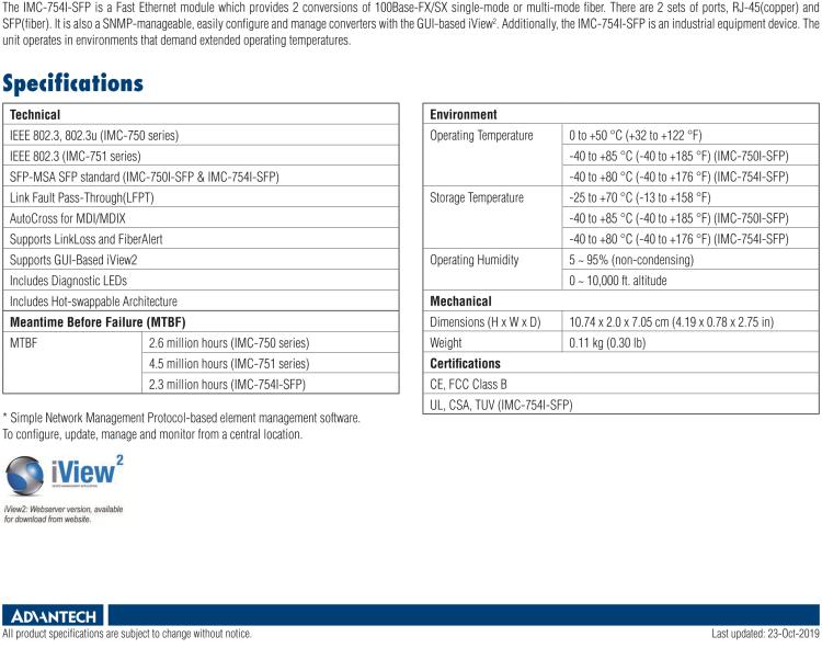 研華BB-850-18610 雙端口、擴(kuò)展溫度 (IE)、100 Mbps 以太網(wǎng) SNMP 可托管媒體轉(zhuǎn)換器