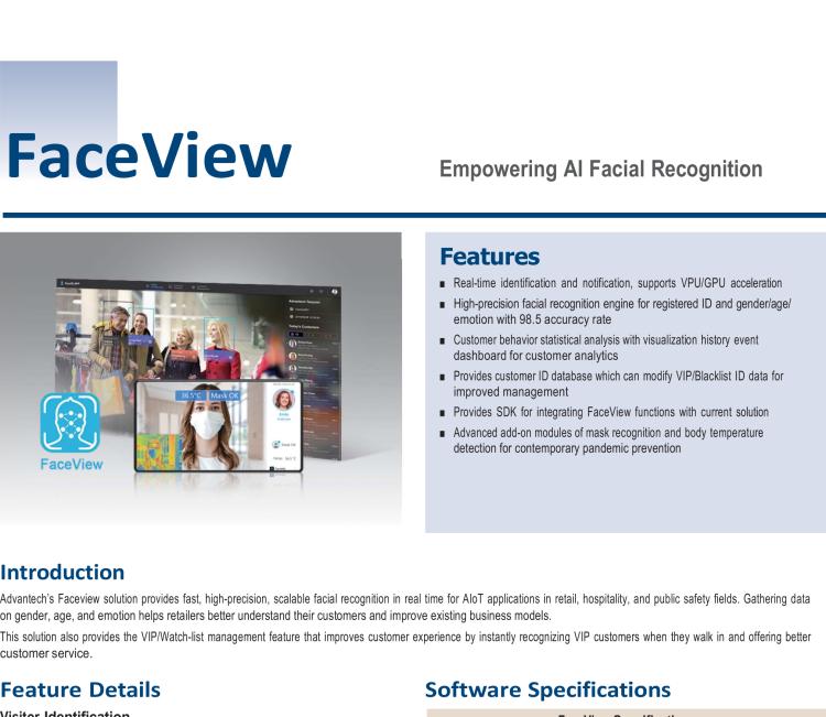 研華FaceView 研華 DeviceOn.FaceView是基于研華 IoT 設(shè)備的人臉識別軟件，支持性別、年齡、情感的數(shù)據(jù)收集，支持VPU/GPU加速。FaceView軟件在最新版本中正確識別率提升到了99.7%，可以支持遮擋檢測，也就是是否正確佩戴口罩，再搭配專業(yè)測溫攝像頭情況下，可以實現(xiàn)測量體溫。
