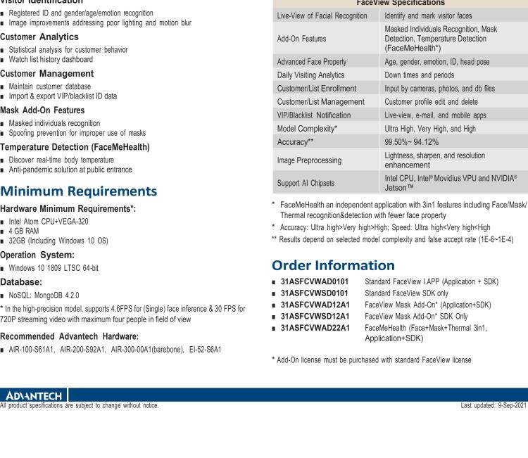 研華FaceView 研華 DeviceOn.FaceView是基于研華 IoT 設(shè)備的人臉識別軟件，支持性別、年齡、情感的數(shù)據(jù)收集，支持VPU/GPU加速。FaceView軟件在最新版本中正確識別率提升到了99.7%，可以支持遮擋檢測，也就是是否正確佩戴口罩，再搭配專業(yè)測溫攝像頭情況下，可以實現(xiàn)測量體溫。