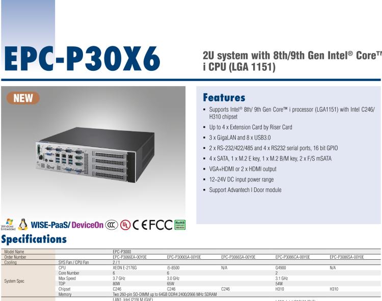 研華EPC-P3086 適配Intel? 第8/9代 Core i 系列處理器，搭載H310芯片組。2U高度，支持全長PCIe x16擴展卡。接口豐富，性能強勁。