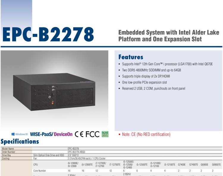 研華EPC-B2278 適配Intel 第12代 Core i 系列處理器，搭載Q670E芯片組。2U高度，精簡尺寸，性能強勁，是小尺寸高性能場景的理想解決方案。