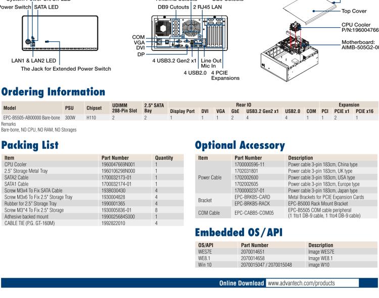 研華EPC-B5505 適配Intel? 第6/7代 Core ? i/Xeon E3系列處理器，搭載H110芯片組。標(biāo)準(zhǔn)4U上架，廣泛適用于各種行業(yè)。