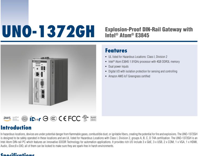 研華UNO-1372GH 通過Class I，Division 2認(rèn)證的導(dǎo)軌安裝工業(yè)控制器，搭配英特爾?凌動(dòng)?四核處理器