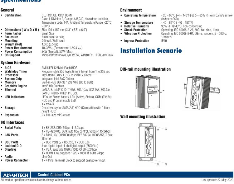 研華UNO-1372GH 通過Class I，Division 2認(rèn)證的導(dǎo)軌安裝工業(yè)控制器，搭配英特爾?凌動(dòng)?四核處理器