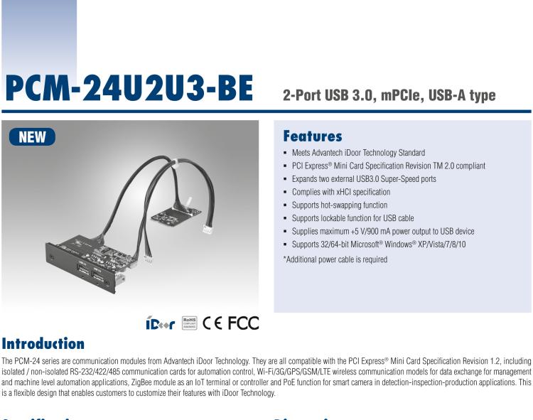 研華PCM-24U2U3 2端口USB 3.0，mPCIe，USB-A型