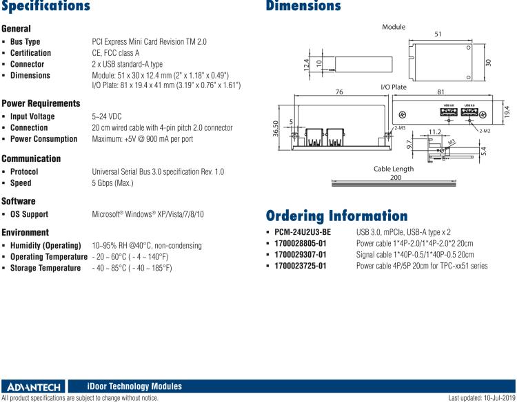 研華PCM-24U2U3 2端口USB 3.0，mPCIe，USB-A型