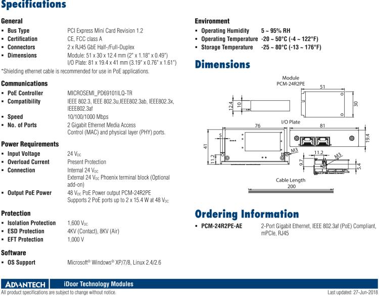 研華PCM-24R2PE 2端口千兆以太網(wǎng)，兼容IEEE 802.3af（PoE），mPCIe，RJ45