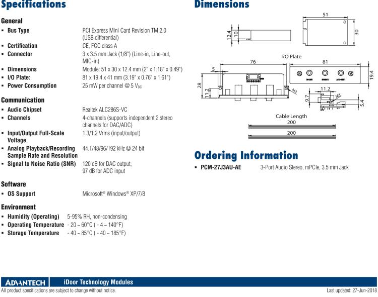 研華PCM-27J3AU 3端口立體聲音頻，mPCIe，3.5毫米插孔